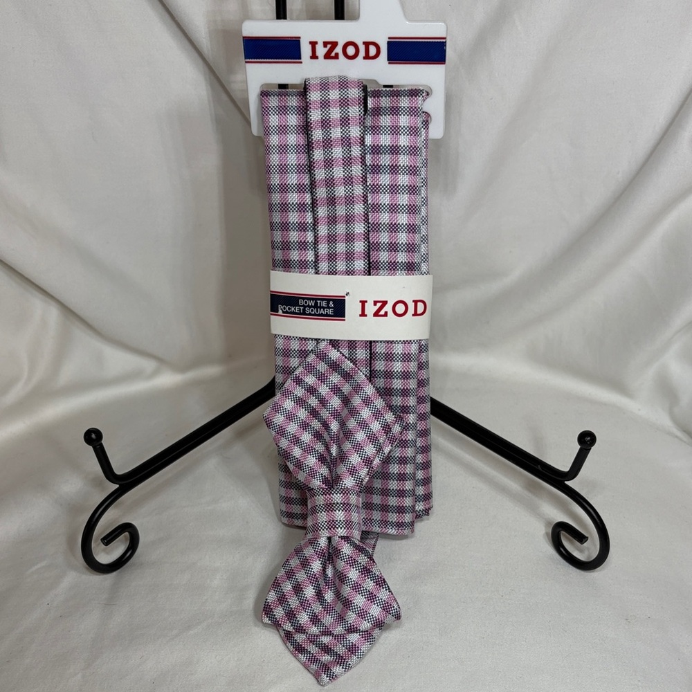 Izod Bow Tie & Pocket Square Pink White and Black Plaid